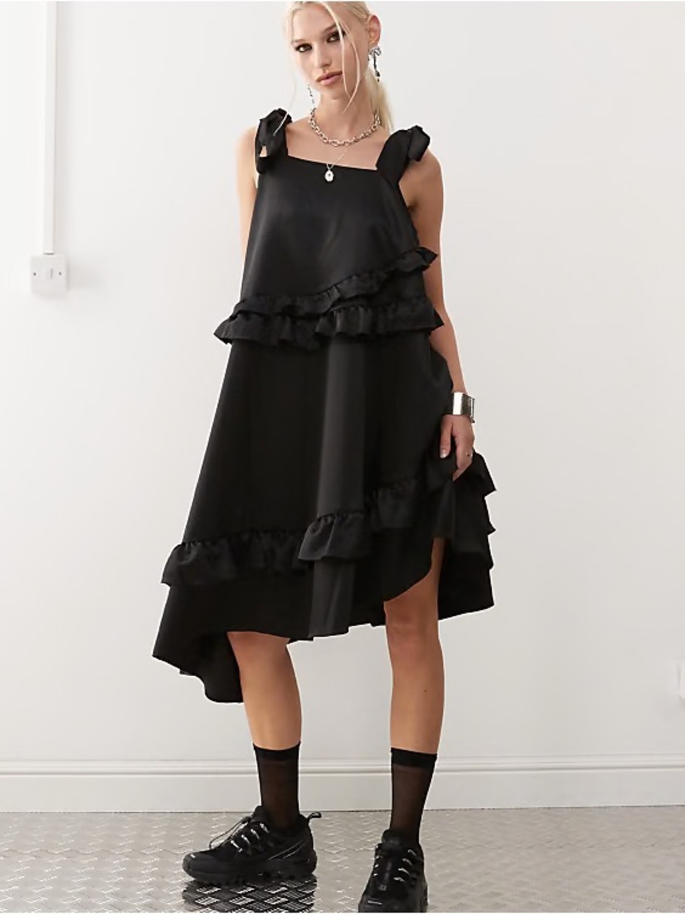 COLLUSION Asymmetrical Ruffle Smock Dress with Bow Tie Straps Size S